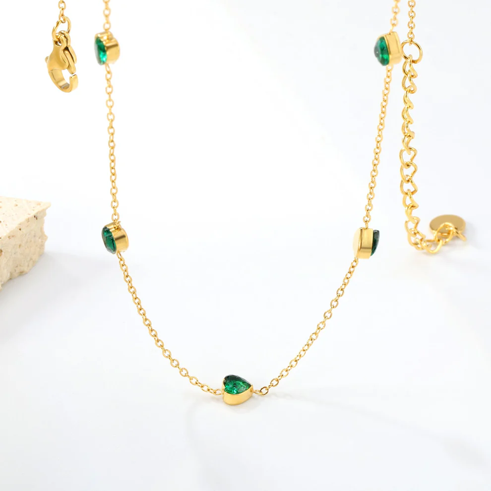 Emerald Green Zirconia Heart Necklace – Gold Plated Stainless Steel