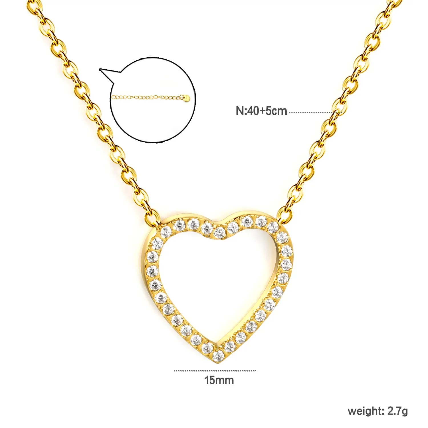 Hollow Heart Zirconia Pendant Necklace – Gold Plated Stainless Steel