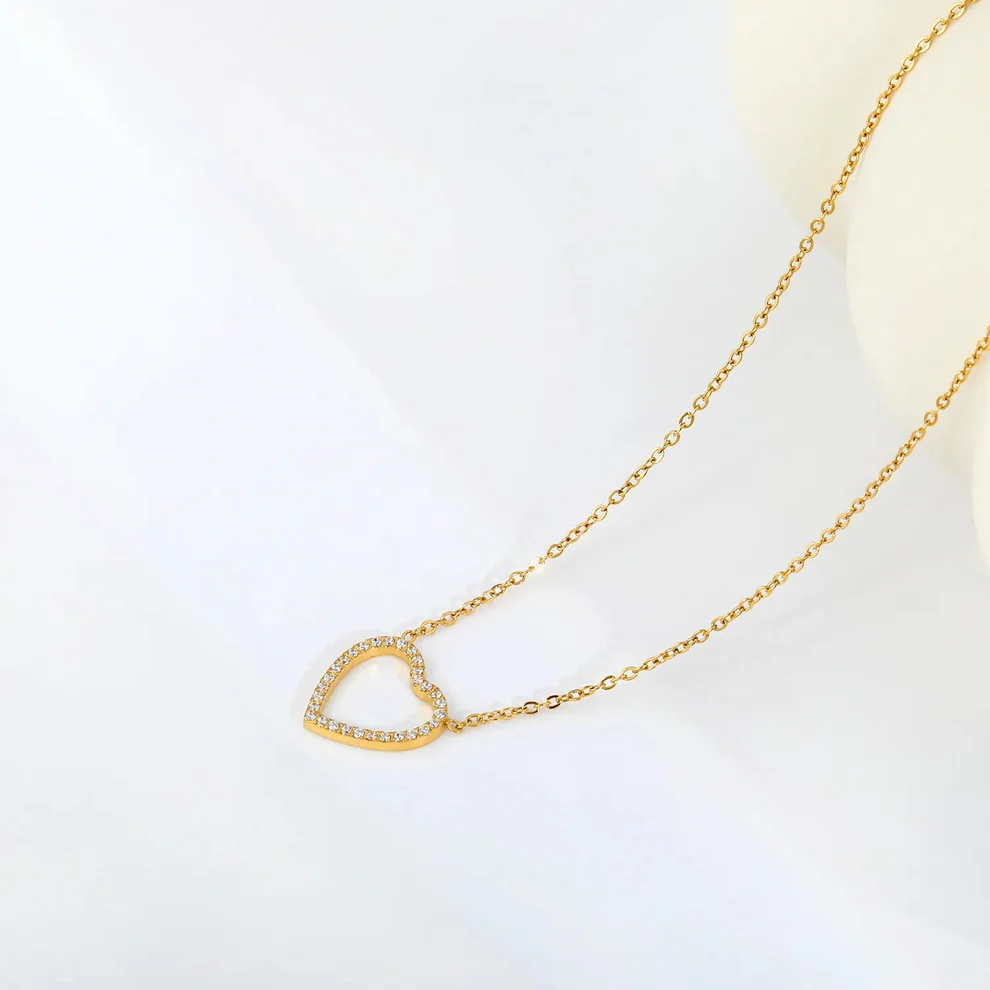 Hollow Heart Zirconia Pendant Necklace – Gold Plated Stainless Steel