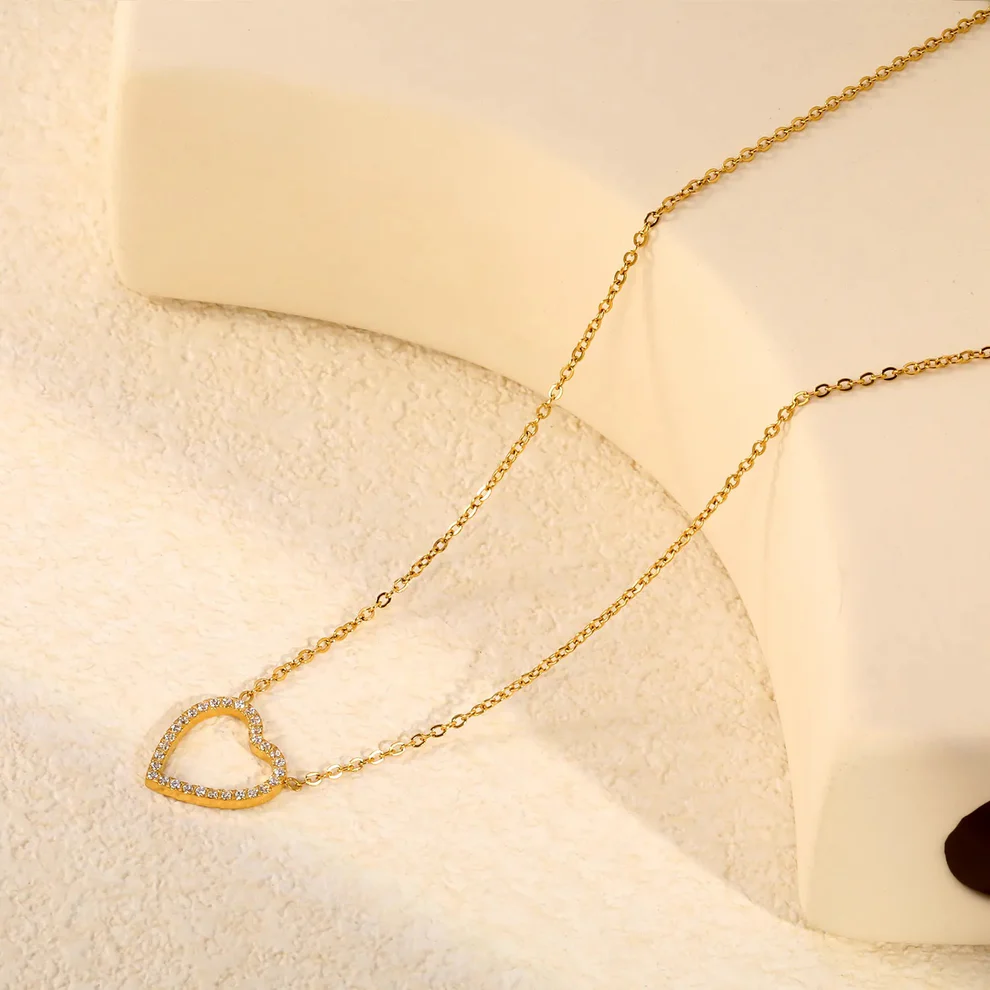 Hollow Heart Zirconia Pendant Necklace – Gold Plated Stainless Steel