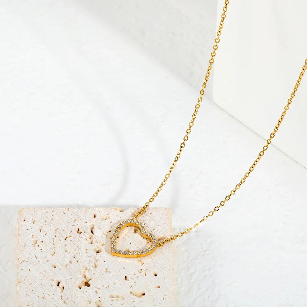 Hollow Heart Zirconia Pendant Necklace – Gold Plated Stainless Steel