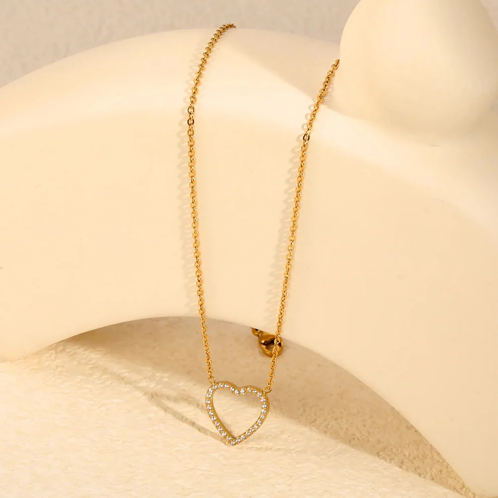 Hollow Heart Zirconia Pendant Necklace – Gold Plated Stainless Steel